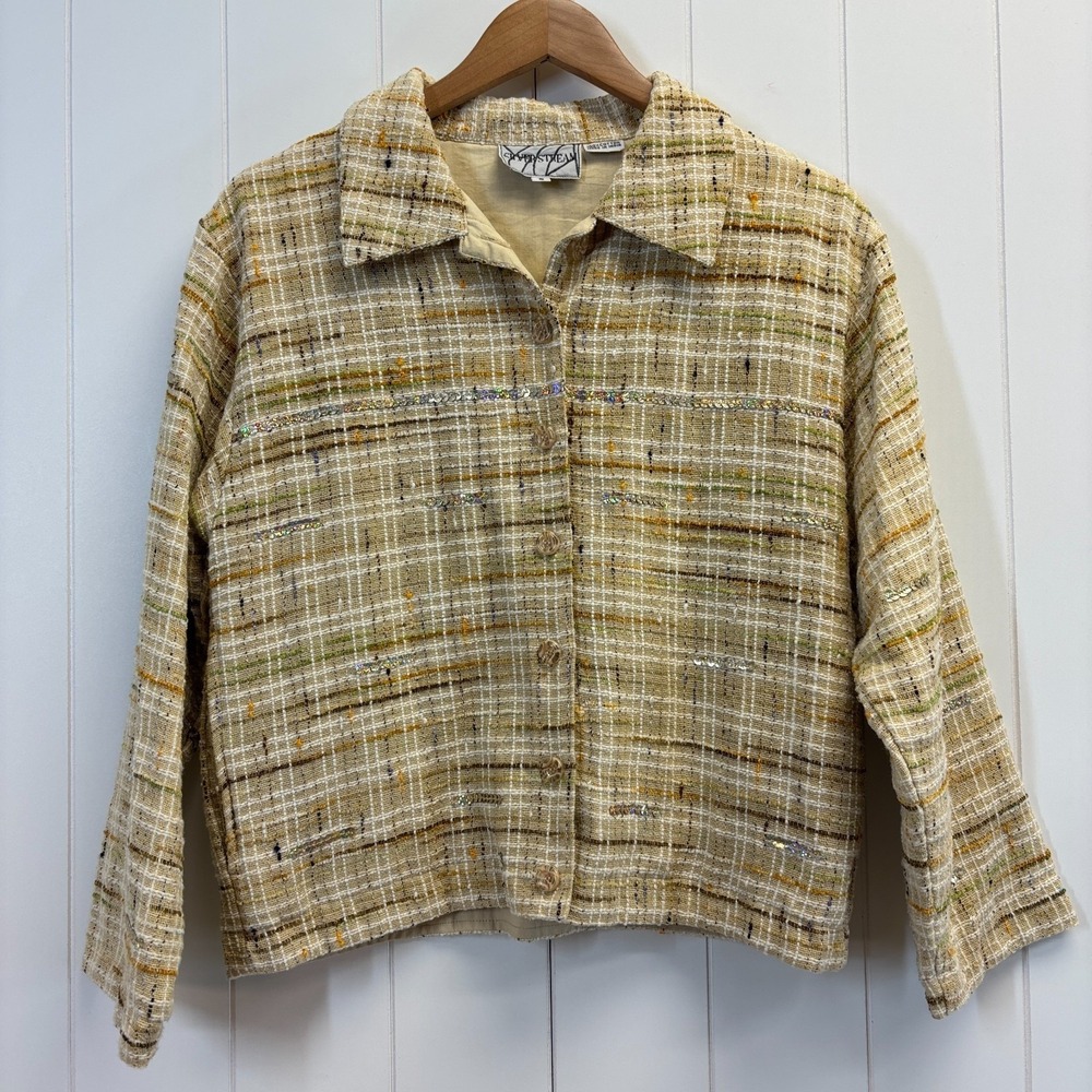 Vintage Silver Stream Academia Neutral Plaid Jacket Top Women Size S Preppy